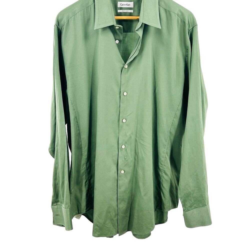 Calvin Klein Green Slim Fit Stretch Dress shirt 17 1/2 ‎ 33/35 Long Sleeve